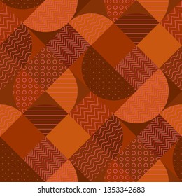 Modern geometric patchwork seamless pattern in terra cotta colors. Elegant flat geometry repeatable motif with dots, stripes, shapes. Rapport for fabric, wrapping paper, surface design, background.