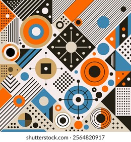 Modern geometric pattern with abstract shapes like circles, triangles, and lines in vibrant orange, blue, black, and beige. Perfect for backgrounds, wallpapers, and prints.