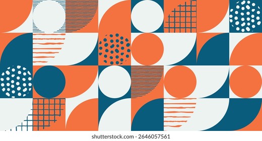 Modern geometric pattern, abstract shapes and textures in orange, blue and white
