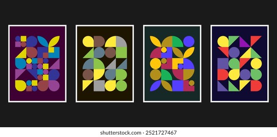 Modern geometric pattern background. Abstract circle, triangle and square art. Trendy bauhaus pattern set