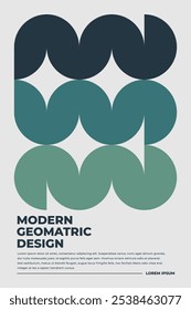 Plano de fundo de padrão geométrico moderno com semicírculo abstrato, quarto de círculo e formas arredondadas. As cores azul-petróleo, verde e branco do pastel combinam um design minimalista e repetitivo. Layout da moda