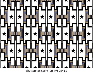 Modern geometric pattern with black stars, beige and blue rectangles, white background, balanced composition, artistic design, bold outlines, intricate shapes, visual interest, decorative motif