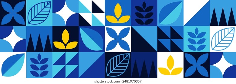 Patrón geométrico moderno con Elementos florales azules y amarillos para el diseño textil y de Fondo de pantalla