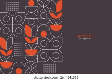 A modern geometric pattern in brown, white, and orange, featuring minimalist lines, circles, and flowers, arranged with copy space, ideal for creative design layouts.