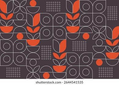 A modern geometric pattern in brown, white, and orange, featuring circles, arcs, dots, leaves, and minimalist lines arranged in a clean, abstract, symmetrical layout.
