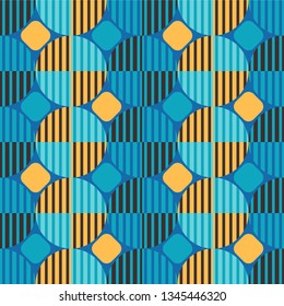 Modern geometric pattern with circle and stripes square. Abstract background in retro. Trendy modern art vector design for cloth or fabric, wrapping, background,wallpaper, blue yellow brown color.
