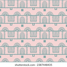 Modern geometric pattern. Circles and stripes, square lines art. Retro futuristic background. Minimalistic figures. Abstract op-art illustration. Bauhaus pattern. Scandinavian, African rug.
