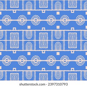Modern geometric pattern. Circles and stripes, square lines art. Retro futuristic background. Minimalistic figures. Abstract op-art illustration. Bauhaus pattern. Scandinavian, African rug.