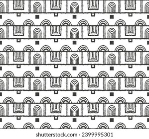 Modernes geometrisches Muster. Kreise und Streifen, quadratische Linien Kunst. Retro futuristische Hintergrund. Minimalistische Zahlen. Abstrakte Op-Art-Illustration. Bauhaus-Muster. skandinavischer, afrikanischer Teppich.
