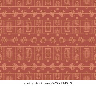 Modernes geometrisches Muster. Kreise und Streifen, quadratische Linien Kunst. Retro futuristischer Hintergrund. Minimalistische Zahlen. Abstrakte Top-Art Illustration. Bauhaus-Muster. Skandinavischer, afrikanischer Teppich.