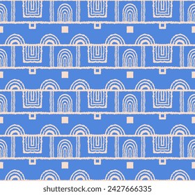 Modern geometric pattern. Circles and stripes, square lines art. Retro futuristic background. Minimalistic figures. Abstract op-art illustration. Bauhaus pattern. Scandinavian, African rug.