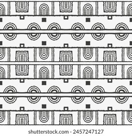Modern geometric pattern. Circles and stripes, square lines art. Retro futuristic background. Minimalistic figures. Abstract op-art illustration. Bauhaus pattern. Scandinavian, African rug.
