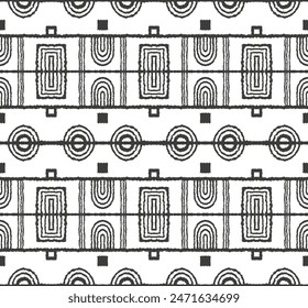 Modern geometric pattern. Circles and stripes, square lines art. Retro futuristic background. Minimalistic figures. Abstract op-art illustration. Bauhaus pattern. Scandinavian, African rug.