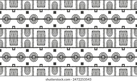 Modern geometric pattern. Circles and stripes, square lines art. Retro futuristic background. Minimalistic figures. Abstract op-art illustration. Bauhaus pattern. Scandinavian, African rug.