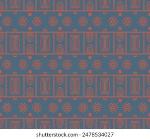 Modern geometric pattern. Circles and stripes, square lines art. Retro futuristic background. Minimalistic figures. Abstract op-art illustration. Bauhaus pattern. Scandinavian, African rug.
