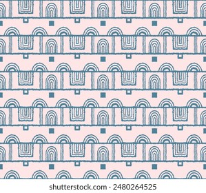 Modern geometric pattern. Circles and stripes, square lines art. Retro futuristic background. Minimalistic figures. Abstract op-art illustration. Bauhaus pattern. Scandinavian, African rug.
