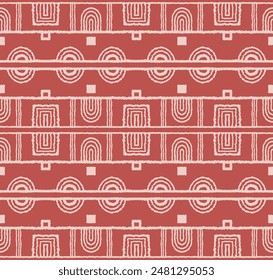 Modern geometric pattern. Circles and stripes, square lines art. Retro futuristic background. Minimalistic figures. Abstract op-art illustration. Bauhaus pattern. Scandinavian, African rug.
