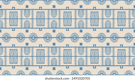 Modern geometric pattern. Circles and stripes, square lines art. Retro futuristic background. Minimalistic figures. Abstract op-art illustration. Bauhaus pattern. Scandinavian, African rug.