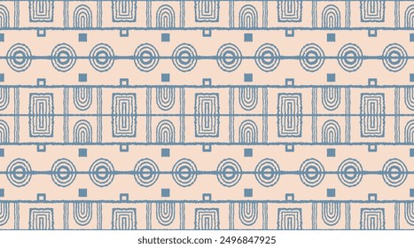 Modern geometric pattern. Circles and stripes, square lines art. Retro futuristic background. Minimalistic figures. Abstract op-art illustration. Bauhaus pattern. Scandinavian, African rug.