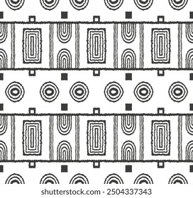 Modern geometric pattern. Circles and stripes, square lines art. Retro futuristic background. Minimalistic figures. Abstract op-art illustration. Bauhaus pattern. Scandinavian, African rug.