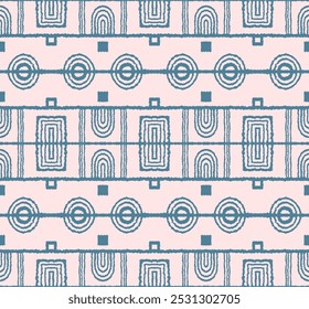 Modern geometric pattern. Circles and stripes, square lines art. Retro futuristic background. Minimalistic figures. Abstract op-art illustration. Bauhaus pattern. Scandinavian, African rug.