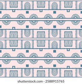 Modern geometric pattern. Circles and stripes, square lines art. Retro futuristic background. Minimalistic figures. Abstract op-art illustration. Bauhaus pattern. Scandinavian, African rug.