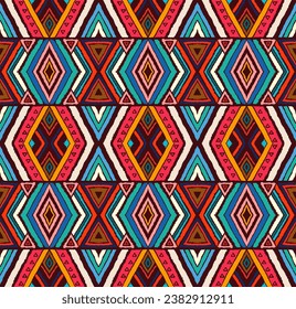 Modern geometric pattern with diamonds, stripes, diagonal lines. Ikat print. Zigzag chevron abstract illustration. Tribal ethnic vector texture. Aztec style. Folk embroidery. Scandinavian, African rug