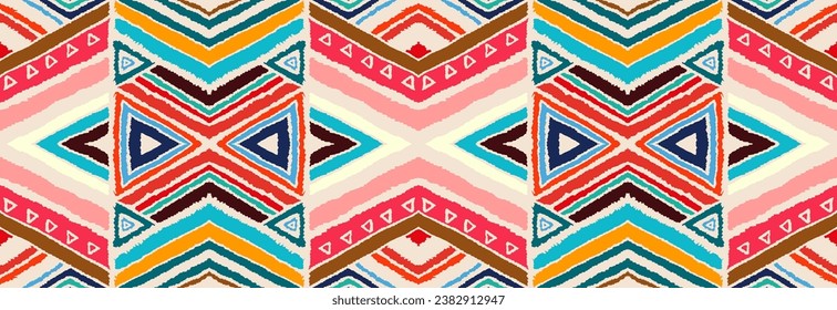 Modernes geometrisches Muster mit Diamanten, Streifen, diagonalen Linien. Ikat-Druck. Zigzag chevron abstrakte Illustration. Stammesethnische Vektorstruktur. Aztec-Stil. Folkstickerei. skandinavischer, afrikanischer Teppich