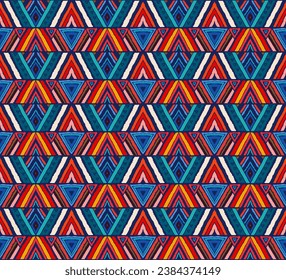 Modernes geometrisches Muster mit Diamanten, Streifen, diagonalen Linien. Ikat-Druck. Zigzag chevron abstrakte Illustration. Stammesethnische Vektorstruktur. Aztec-Stil. Folkstickerei. skandinavischer, afrikanischer Teppich