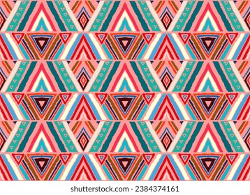 Modern geometric pattern with diamonds, stripes, diagonal lines. Ikat print. Zigzag chevron abstract illustration. Tribal ethnic vector texture. Aztec style. Folk embroidery. Scandinavian, African rug