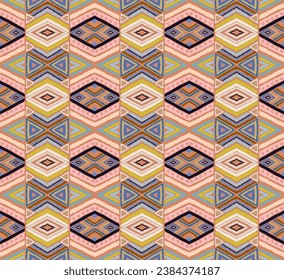 Modern geometric pattern with diamonds, stripes, diagonal lines. Ikat print. Zigzag chevron abstract illustration. Tribal ethnic vector texture. Aztec style. Folk embroidery. Scandinavian, African rug
