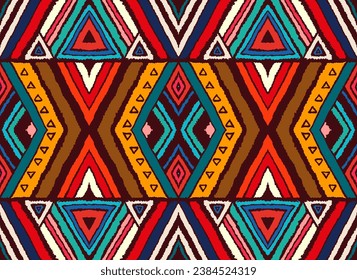Modern geometric pattern with diamonds, stripes, diagonal lines. Ikat print. Zigzag chevron abstract illustration. Tribal ethnic vector texture. Aztec style. Folk embroidery. Scandinavian, African rug