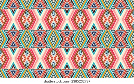 Modern geometric pattern with diamonds, stripes, diagonal lines. Ikat print. Zigzag chevron abstract illustration. Tribal ethnic vector texture. Aztec style. Folk embroidery. Scandinavian, African rug