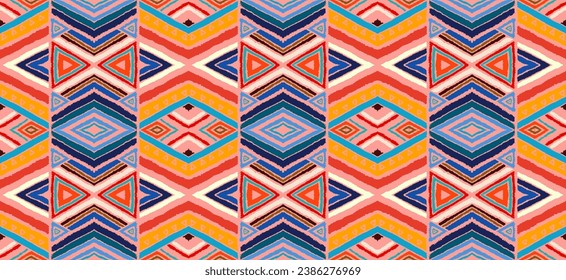 Modern geometric pattern with diamonds, stripes, diagonal lines. Ikat print. Zigzag chevron abstract illustration. Tribal ethnic vector texture. Aztec style. Folk embroidery. Scandinavian, African rug