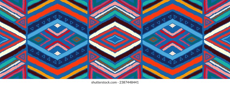 Modern geometric pattern with diamonds, stripes, diagonal lines. Ikat print. Zigzag chevron abstract illustration. Tribal ethnic vector texture. Aztec style. Folk embroidery. Scandinavian, African rug