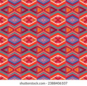 Patrón geométrico moderno con diamantes, rayas, líneas diagonales. Ikat print. Ilustración abstracta de zigzag chevron. Textura vectorial étnica tribal. Estilo azteca. bordado popular. Escandinavia, alfombra africana