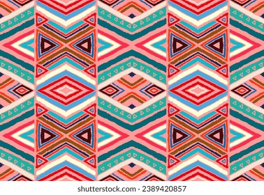 Modern geometric pattern with diamonds, stripes, diagonal lines. Ikat print. Zigzag chevron abstract illustration. Tribal ethnic vector texture. Aztec style. Folk embroidery. Scandinavian, African rug