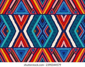 Modern geometric pattern with diamonds, stripes, diagonal lines. Ikat print. Zigzag chevron abstract illustration. Tribal ethnic vector texture. Aztec style. Folk embroidery. Scandinavian, African rug