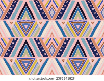 Modern geometric pattern with diamonds, stripes, diagonal lines. Ikat print. Zigzag chevron abstract illustration. Tribal ethnic vector texture. Aztec style. Folk embroidery. Scandinavian, African rug