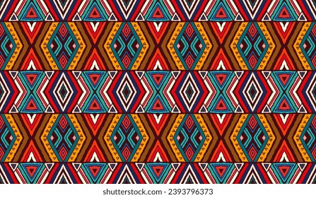 Modernes geometrisches Muster mit Diamanten, Streifen, diagonalen Linien. Ikat-Druck. Zigzag chevron abstrakte Illustration. Stammesethnische Vektorstruktur. Aztec-Stil. Folkstickerei. skandinavischer, afrikanischer Teppich