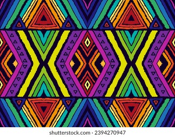 Modern geometric pattern with diamonds, stripes, diagonal lines. Ikat print. Zigzag chevron abstract illustration. Tribal ethnic vector texture. Aztec style. Folk embroidery. Scandinavian, African rug