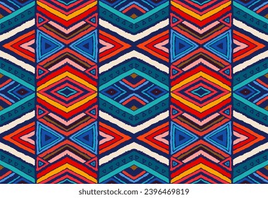 Modern geometric pattern with diamonds, stripes, diagonal lines. Ikat print. Zigzag chevron abstract illustration. Tribal ethnic vector texture. Aztec style. Folk embroidery. Scandinavian, African rug