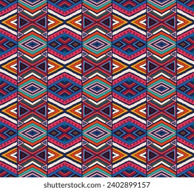 Modern geometric pattern with diamonds, stripes, diagonal lines. Ikat print. Zigzag chevron abstract illustration. Tribal ethnic vector texture. Aztec style. Folk embroidery. Scandinavian, African rug