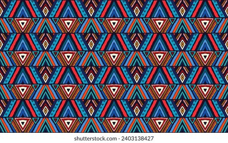 Modern geometric pattern with diamonds, stripes, diagonal lines. Ikat print. Zigzag chevron abstract illustration. Tribal ethnic vector texture. Aztec style. Folk embroidery. Scandinavian, African rug