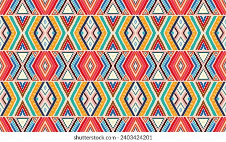 Modern geometric pattern with diamonds, stripes, diagonal lines. Ikat print. Zigzag chevron abstract illustration. Tribal ethnic vector texture. Aztec style. Folk embroidery. Scandinavian, African rug