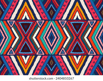 Modern geometric pattern with diamonds, stripes, diagonal lines. Ikat print. Zigzag chevron abstract illustration. Tribal ethnic vector texture. Aztec style. Folk embroidery. Scandinavian, African rug