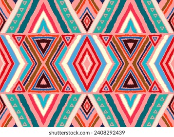 Modern geometric pattern with diamonds, stripes, diagonal lines. Ikat print. Zigzag chevron abstract illustration. Tribal ethnic vector texture. Aztec style. Folk embroidery. Scandinavian, African rug
