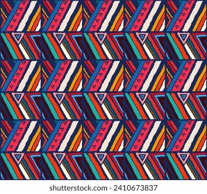 Modern geometric pattern with diamonds, stripes, diagonal lines. Ikat print. Zigzag chevron abstract illustration. Tribal ethnic vector texture. Aztec style. Folk embroidery. Scandinavian, African rug