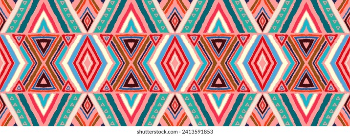 Modern geometric pattern with diamonds, stripes, diagonal lines. Ikat print. Zigzag chevron abstract illustration. Tribal ethnic vector texture. Aztec style. Folk embroidery. Scandinavian, African rug