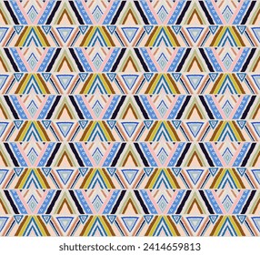 Modern geometric pattern with diamonds, stripes, diagonal lines. Ikat print. Zigzag chevron abstract illustration. Tribal ethnic vector texture. Aztec style. Folk embroidery. Scandinavian, African rug